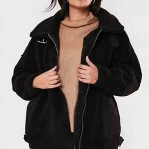 Missguided Black Aviator Teddy Mid-Length Coat, Size US 18